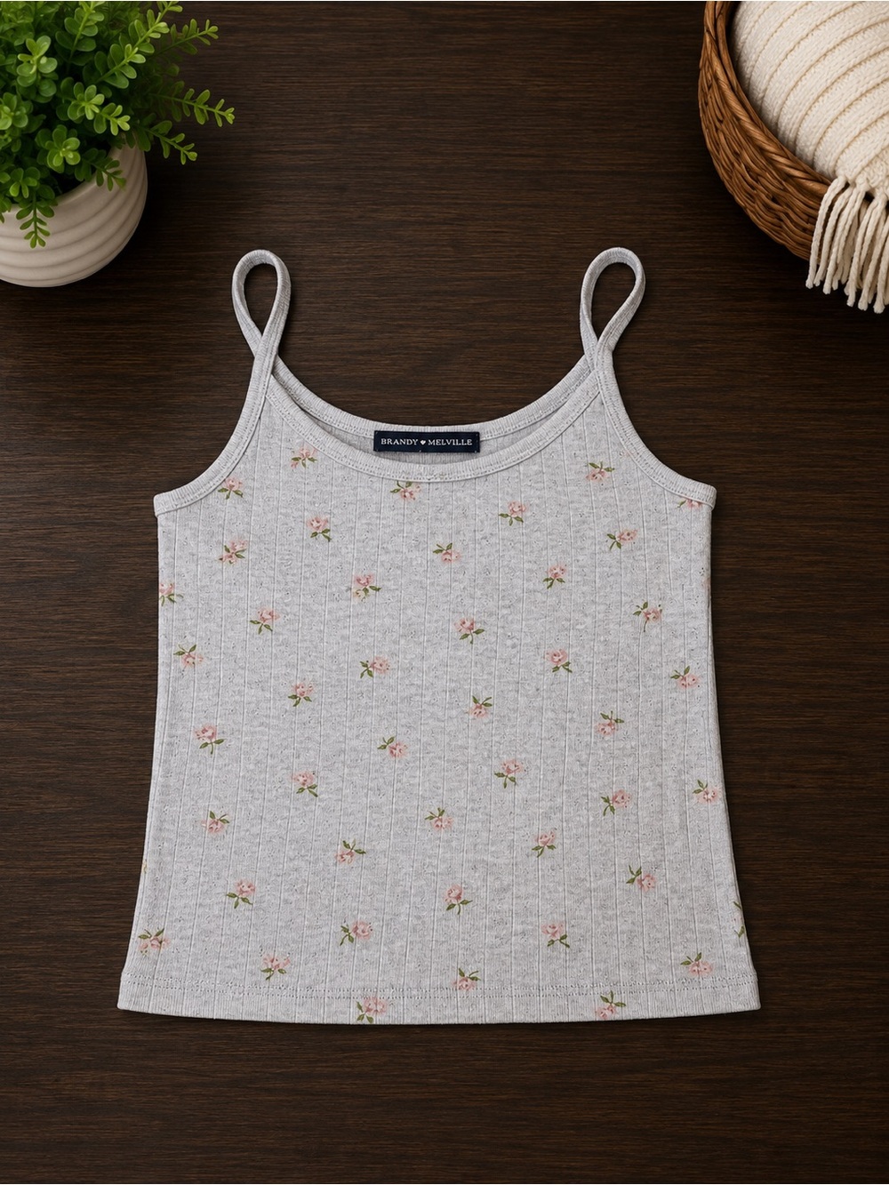 Brandy Melville Gray Ribbed Floral Spaghetti Strap Cami